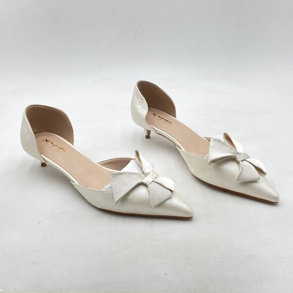 XYD White Floral D'Orsay Kitten Heel Bridal Bowknot Elegant Pointed Toe Pumps - Picture 1 of 7